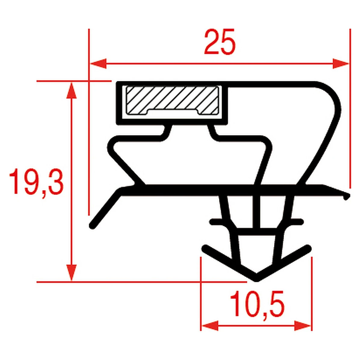 Profiltegning af magnetisk tætningsliste profil 1035, 25 × 19,3 mm
