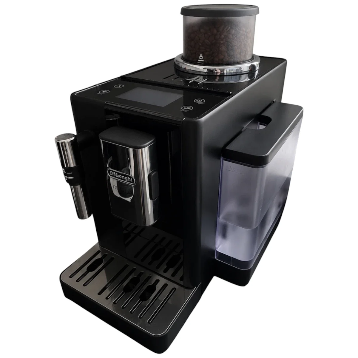Sort DeLonghi Rivelia espressomaskine med bønnebeholder set forfra