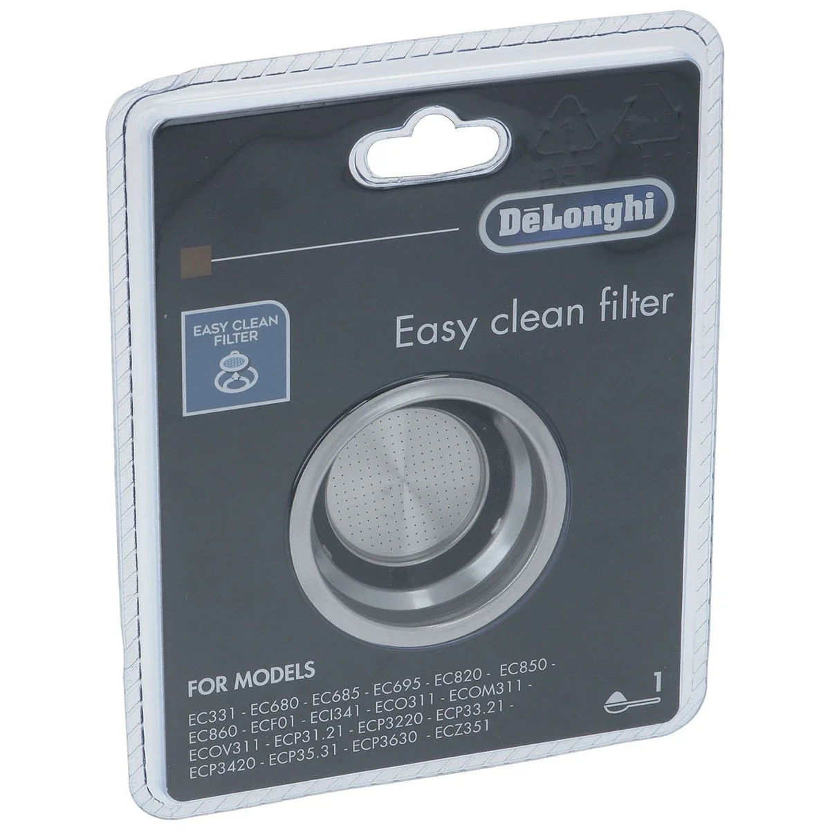 DeLonghi 1-kops filterindsats i original blisterpakning set forfra
