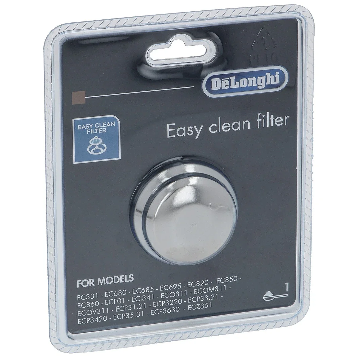 DeLonghi filterindsats i blisterpakning med Easy Clean Filter-symbol