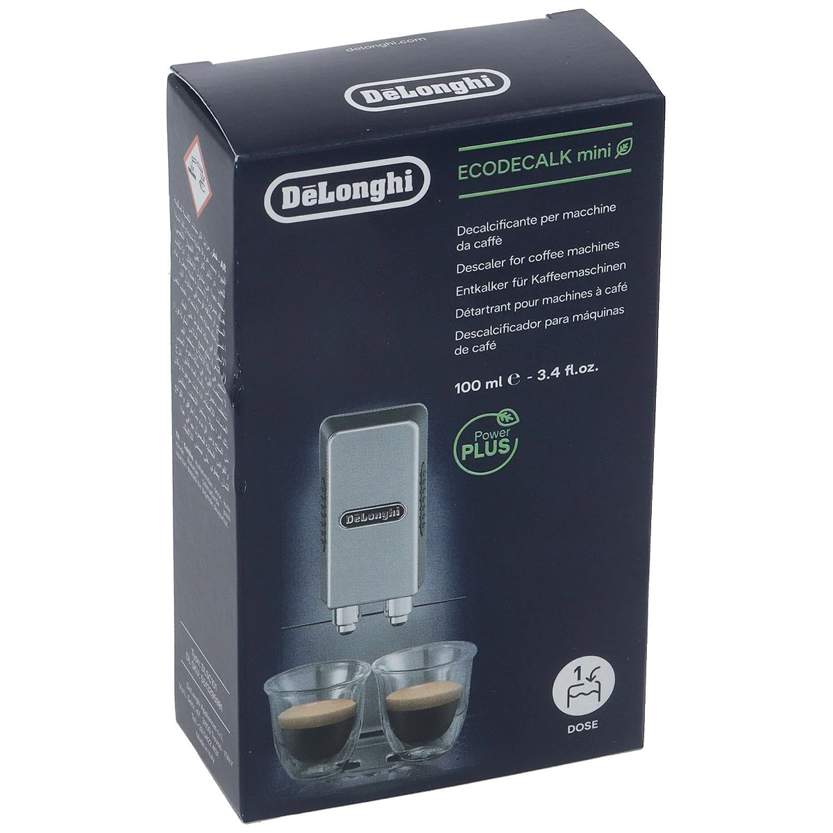 DeLonghi EcoDecalk Mini afkalker 100 ml i mørkeblå æske set forfra