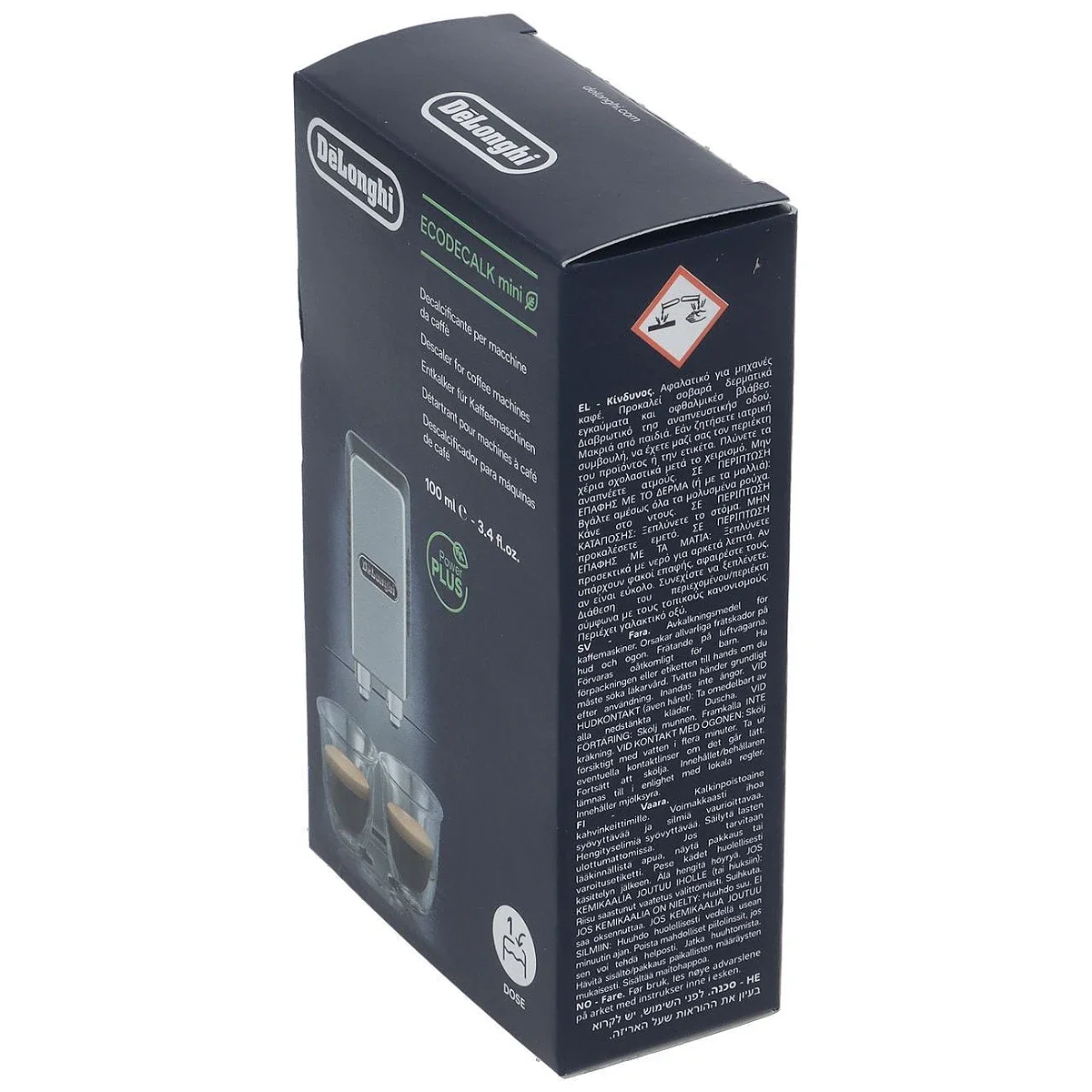 DeLonghi EcoDecalk afkalker 100 ml, æsken set skråt forfra fra højre
