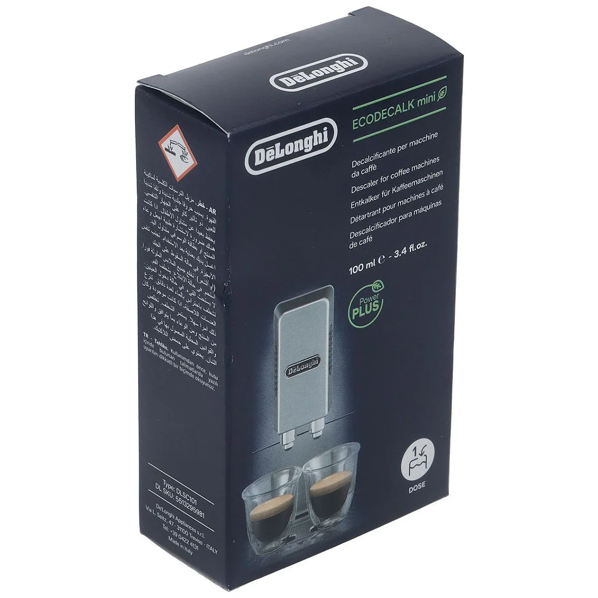 DeLonghi EcoDecalk afkalker 100 ml, æsken set skråt forfra fra venstre