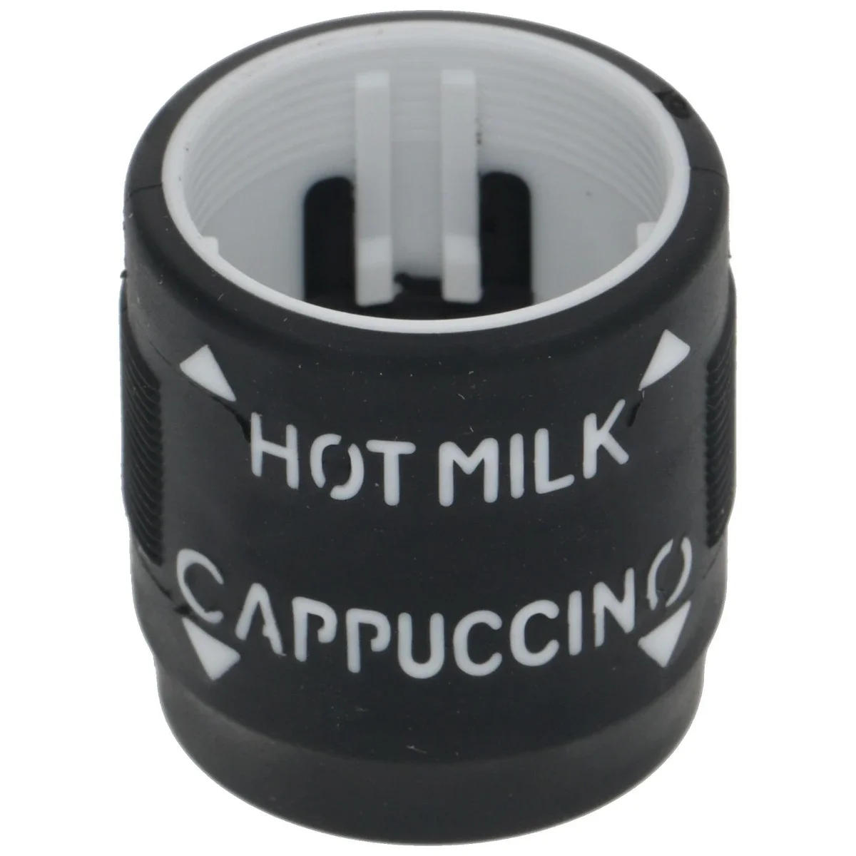 Sort vælgerring til mælkeskummer på DeLonghi ECAM set forfra