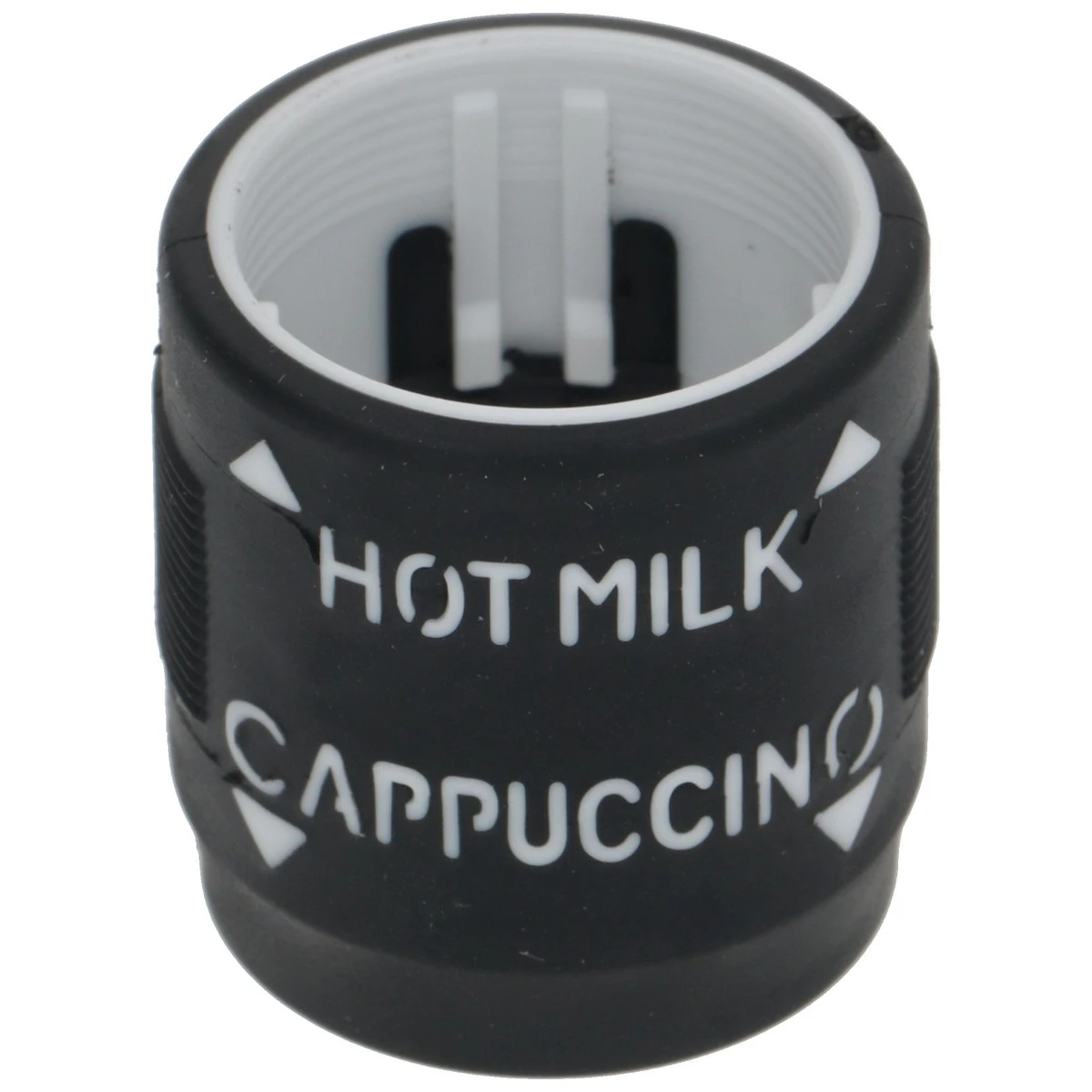 Sort vælgerring til mælkeskummer på DeLonghi ECAM set forfra