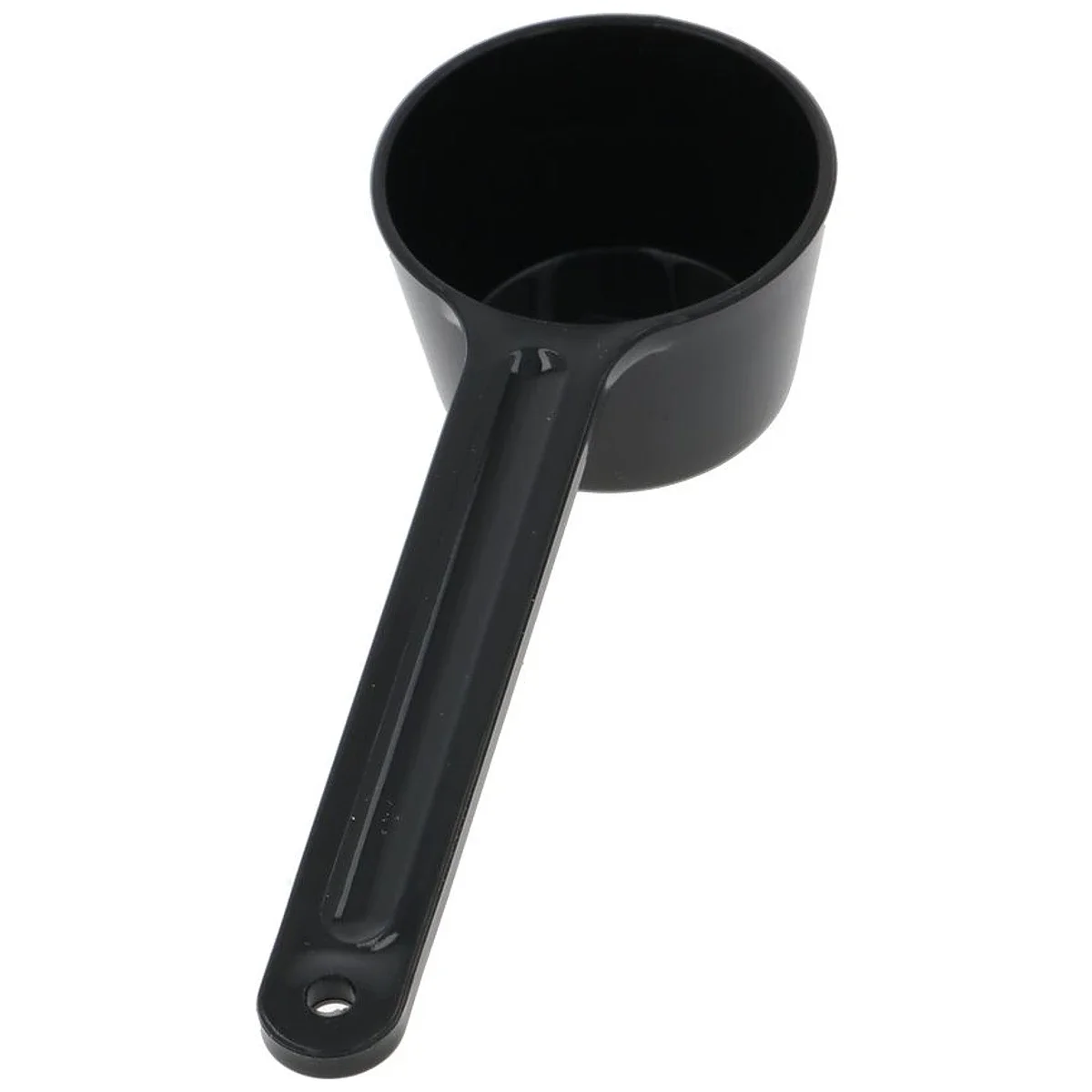 Sort doseringsske til DeLonghi set ovenfra med rund skål og langt håndtag