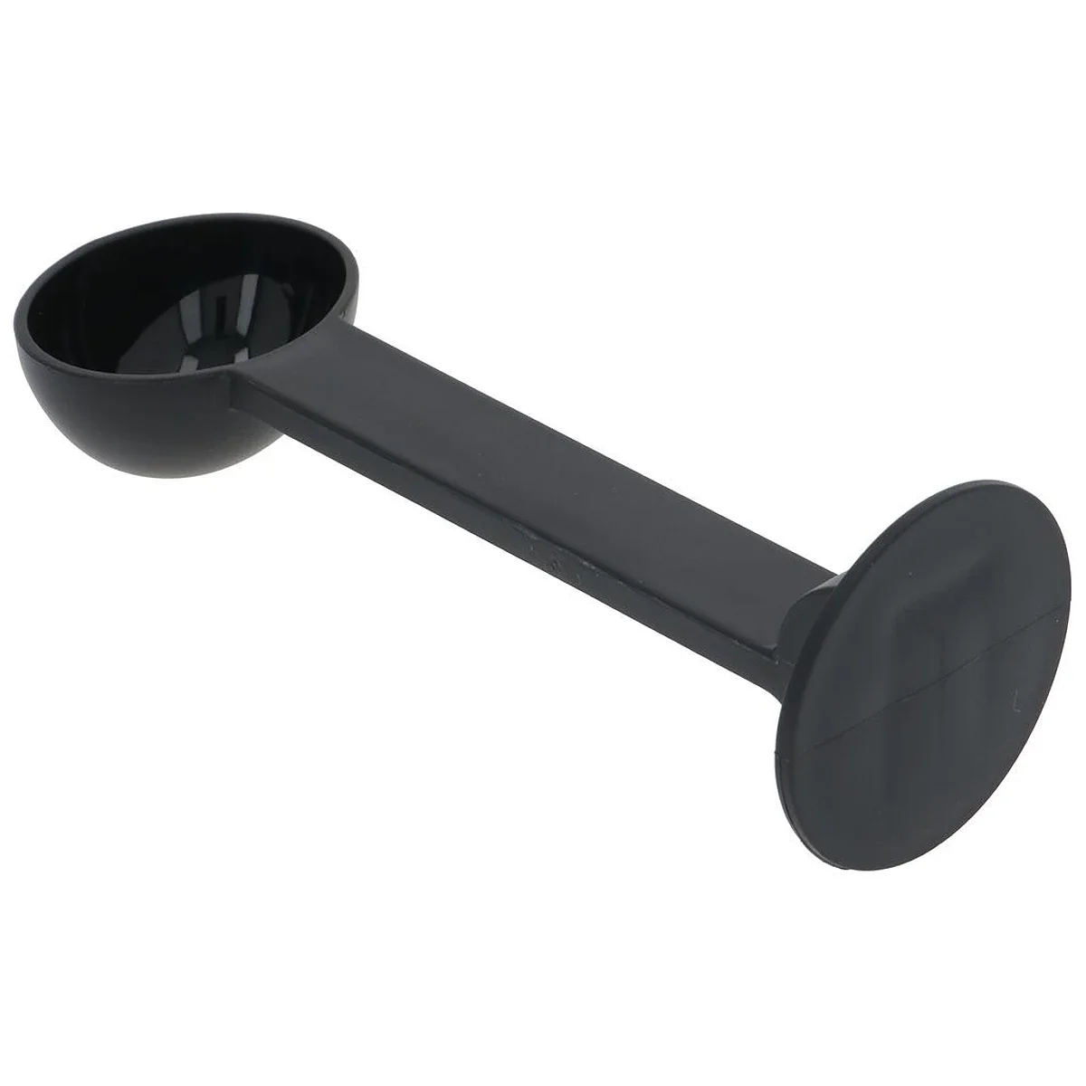 Sort doseringsske med stamper til DeLonghi set skråt ovenfra