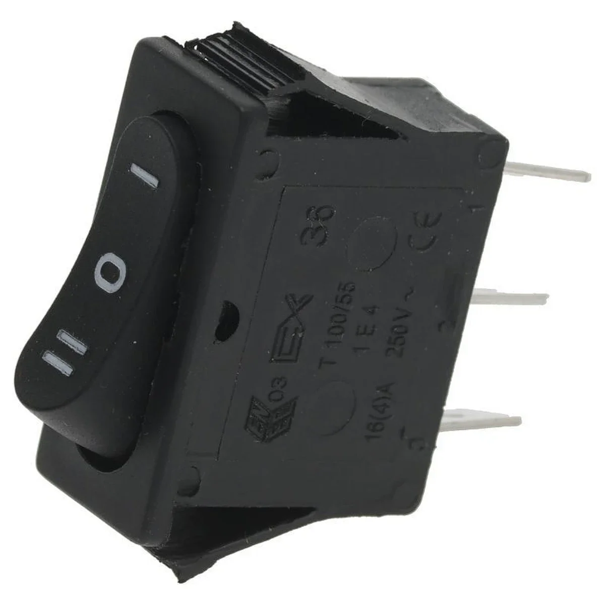 Sort vippeafbryder med tre positioner 16A 250V – front med markeringerne I, O og II