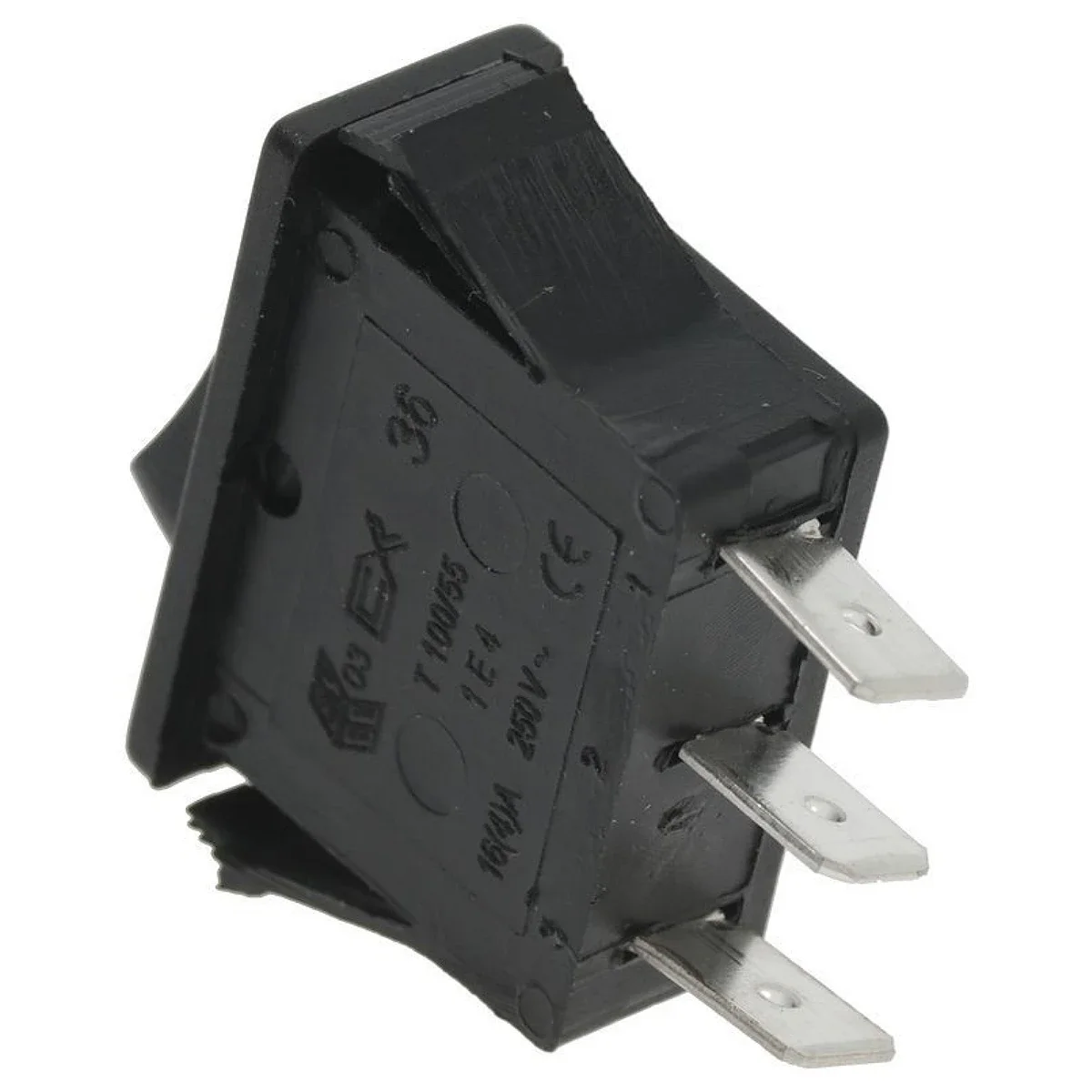 Sort vippeafbryder med tre positioner 16A 250V – set skråt med fladstik