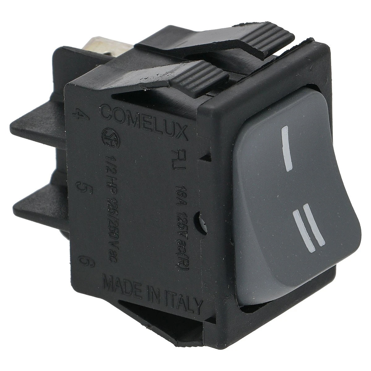 Sort omskifter 1-polet med grå vippe I-II, COMELUX 16A 250V