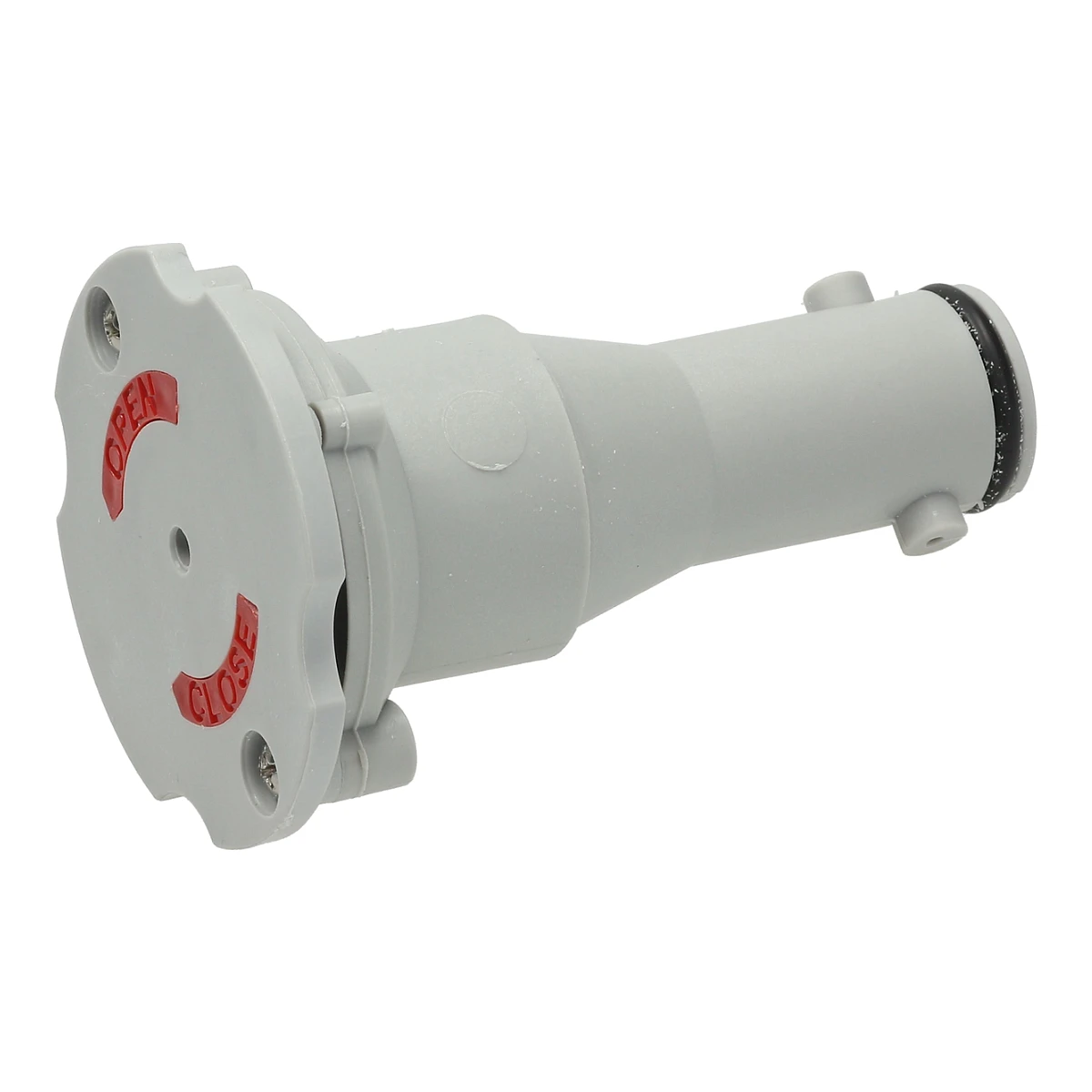 Gråt overløbsrør ø 26 x 104 mm med flange og røde markeringer