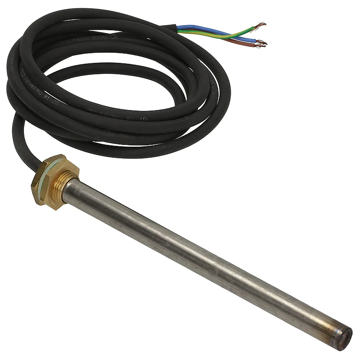 Varmelegeme set skråt med kabel og fritlagte ledere