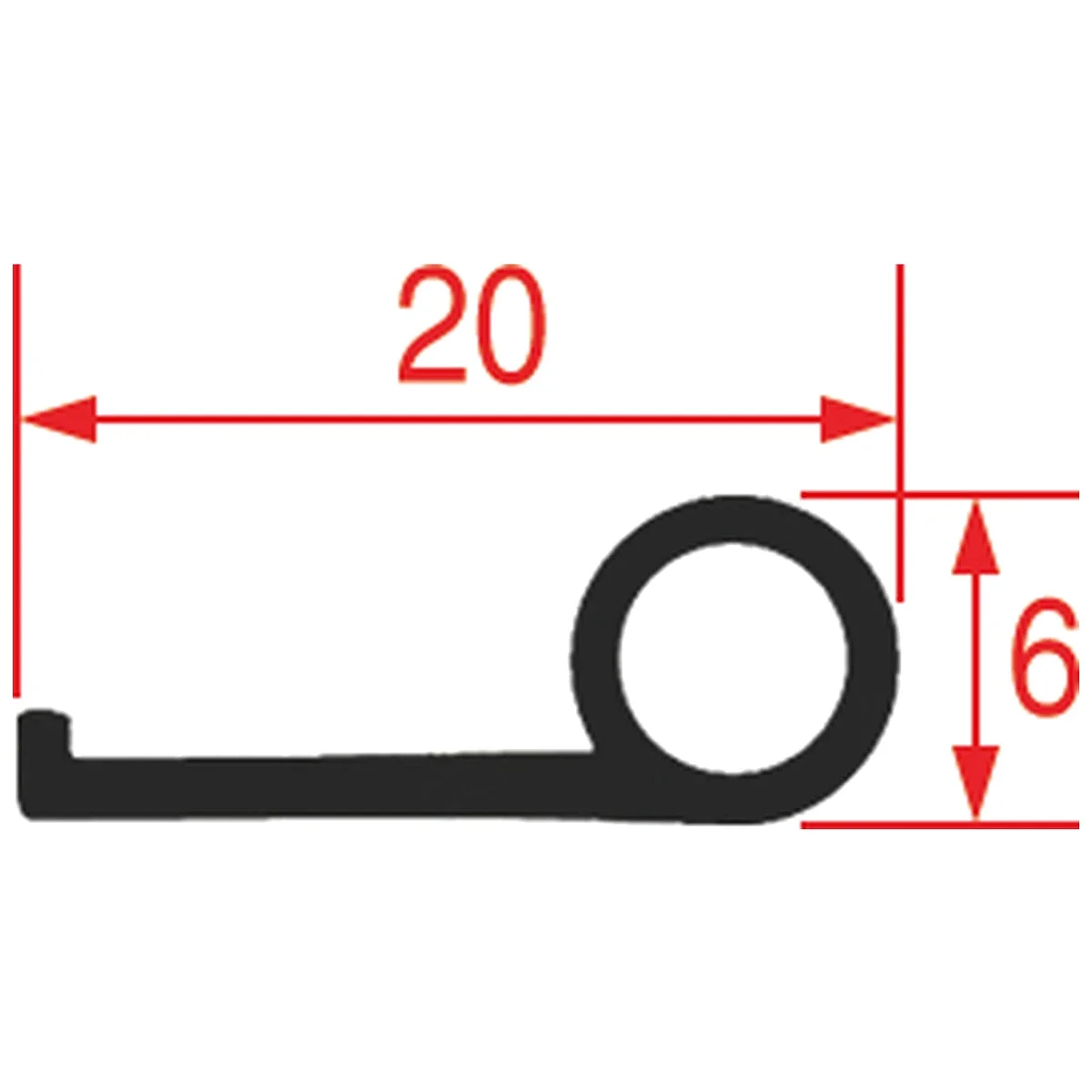 Profiltegning af dørtætningsliste med målene 20 x 6 mm