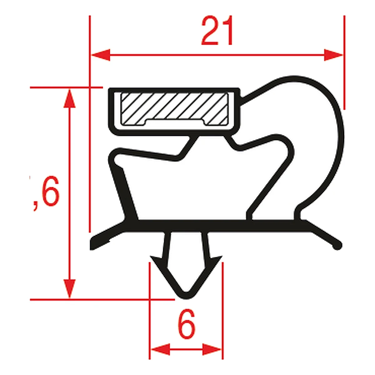 Måltegning af magnetisk tætningslisteprofil 1001, 21 x 17,6 mm