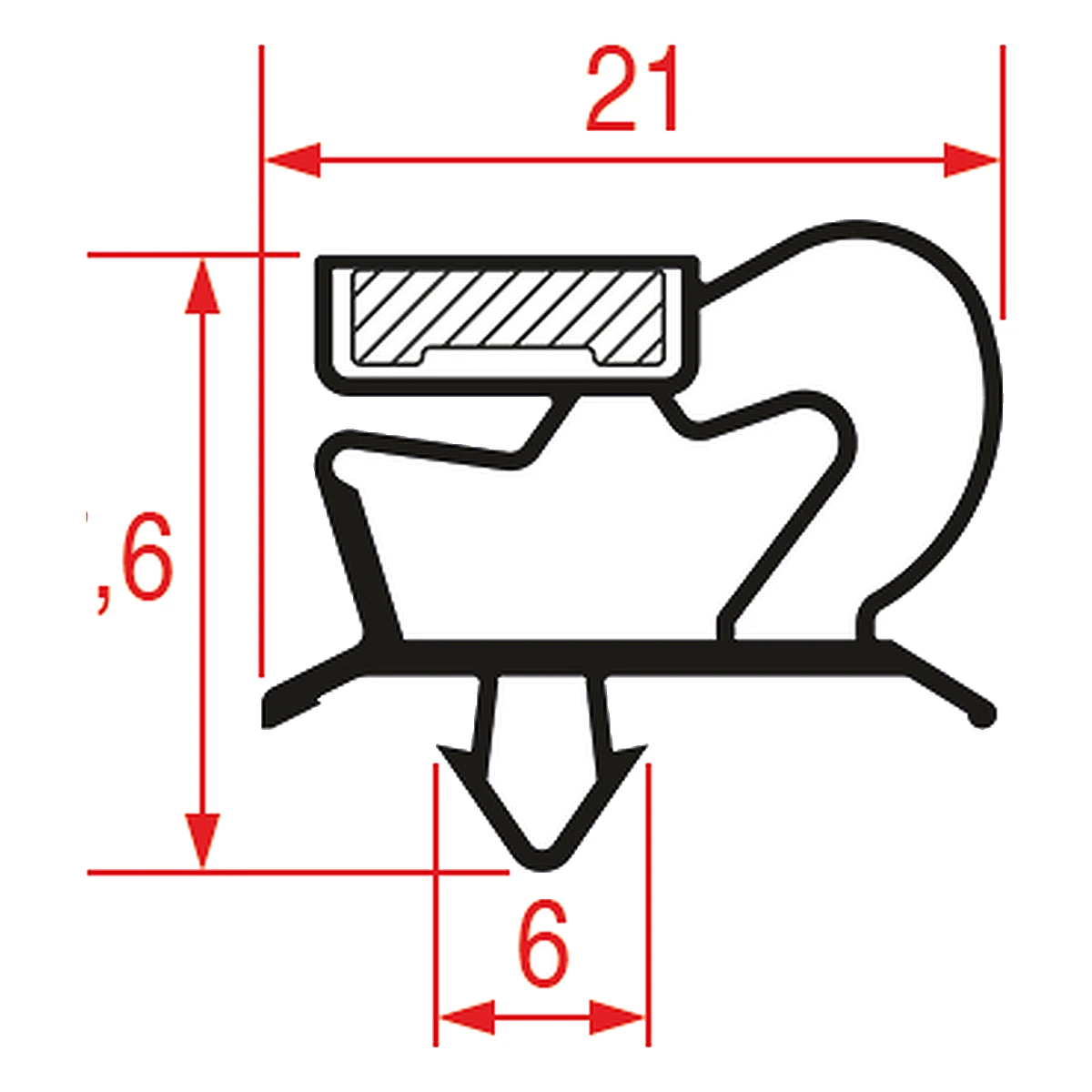Måltegning af magnetisk tætningslisteprofil 1001, 21 x 17,6 mm