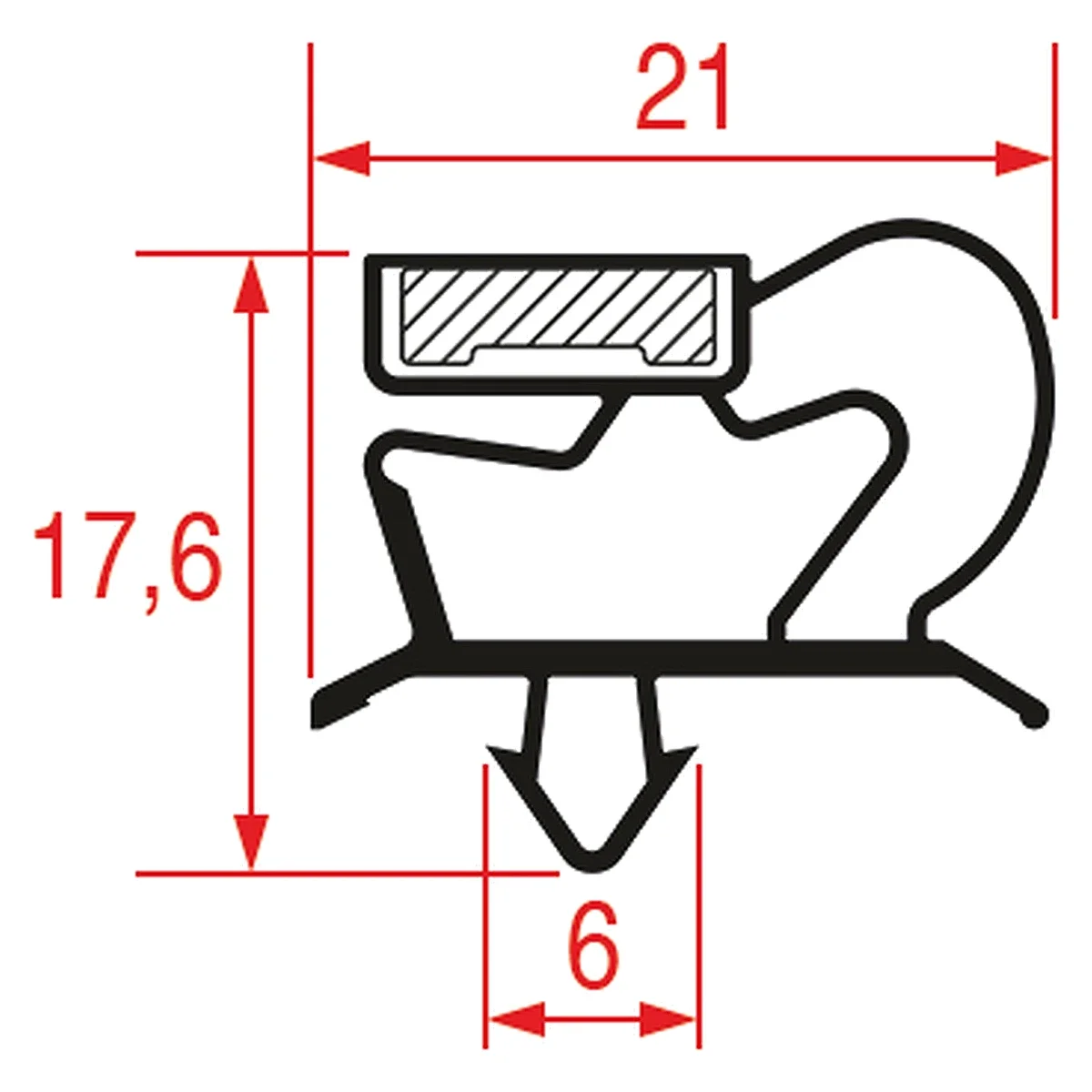 Måltegning af snap-in tætningsliste profil 1001, 21 x 17,6 mm
