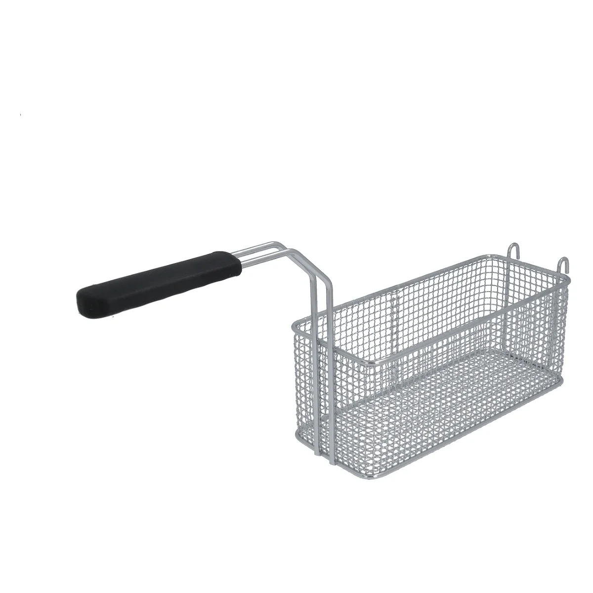 Forkromet friturekurv set fra siden med sort håndtag