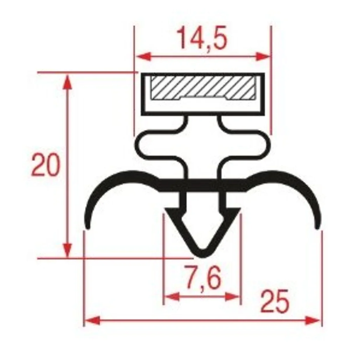 Profilsnit af tætningsliste 1991 x 941 mm med mål i mm