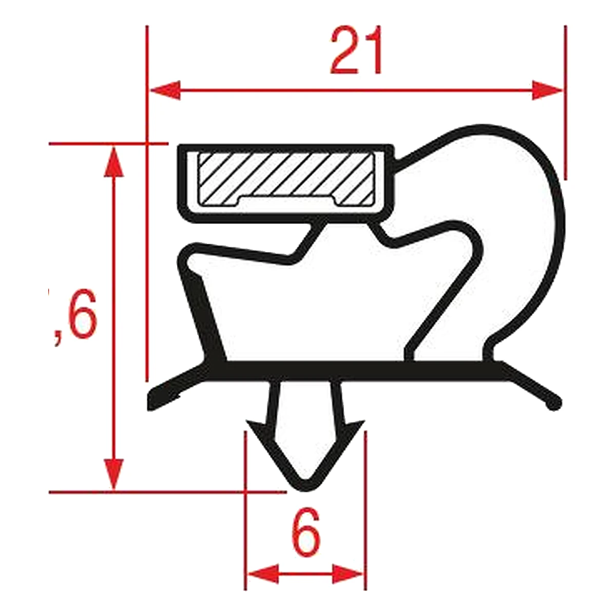 Måltegning af magnetisk tætningslisteprofil 1001, 21 x 17,6 mm