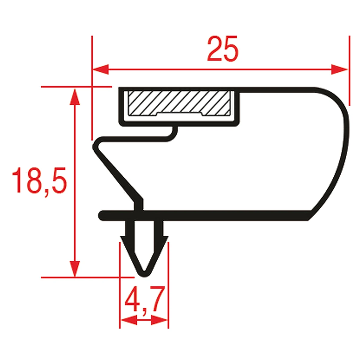 Måltegning af snap-in tætningsliste profil 1048, 25 x 18,5 mm