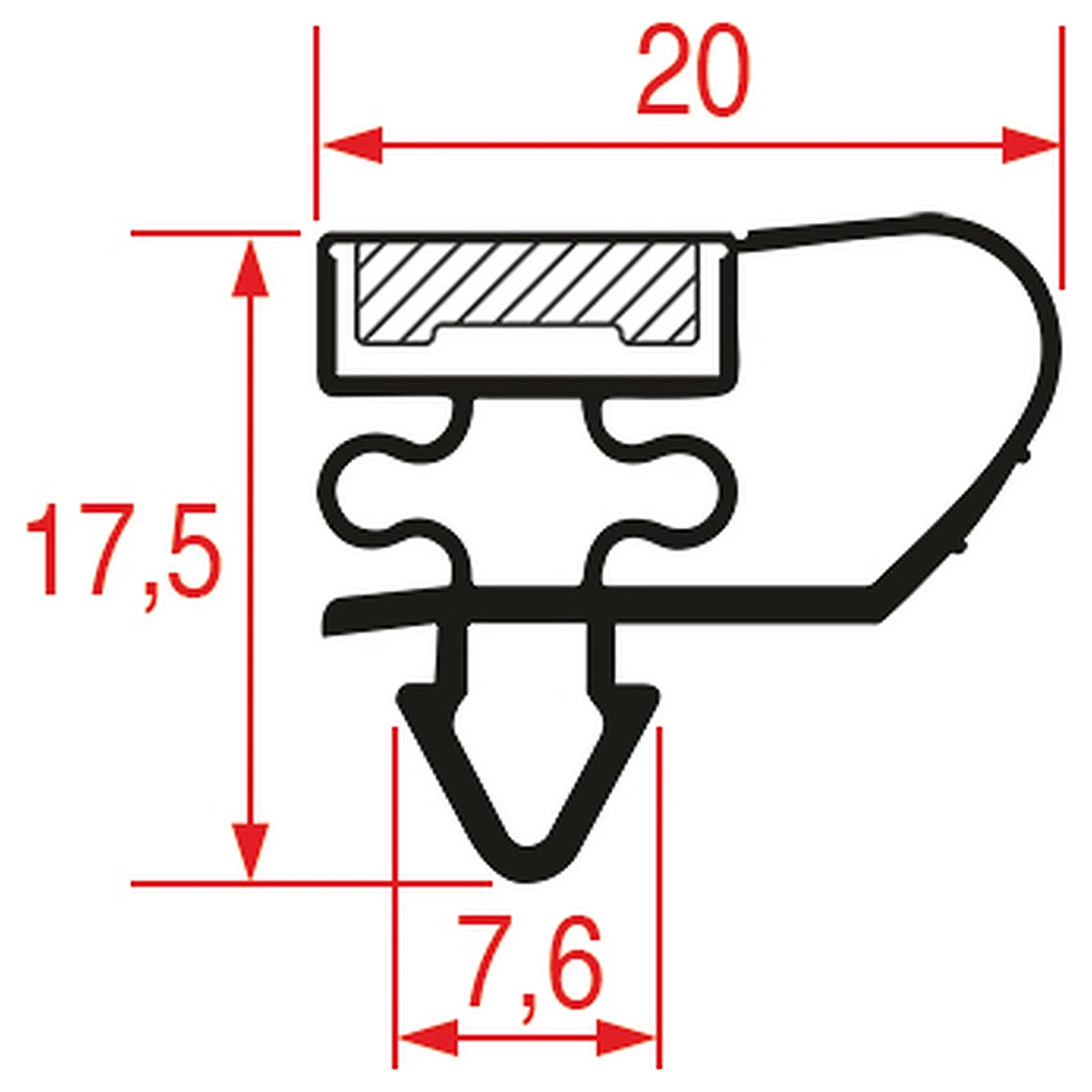Måltegning af pakningsprofil til Gamko backbar glaslåge, 20 x 17,5 mm