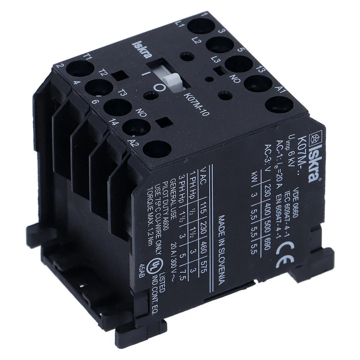 Kontaktor K07M-10 set skråt forfra med tilslutningsklemmer