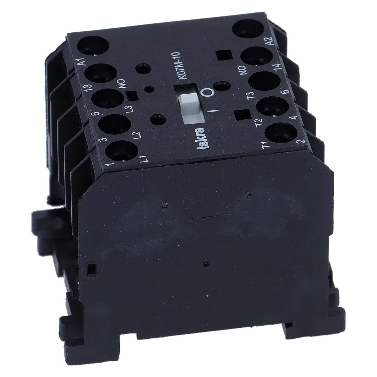 Kontaktor K07M-10 set fra siden med DIN-skinnebeslag