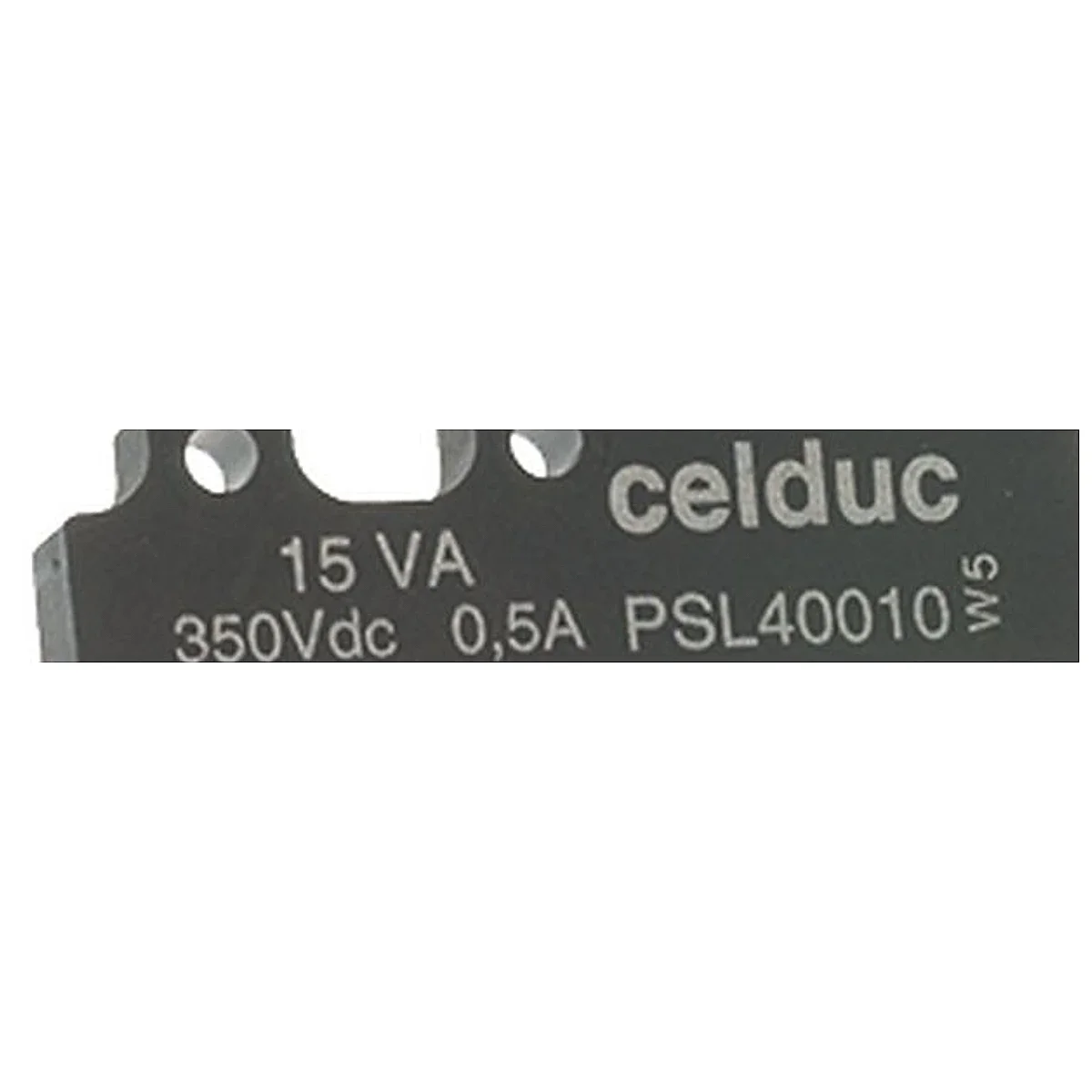 Nærbillede af mærkningen Celduc 15 VA 350 VDC 0,5 A PSL40010