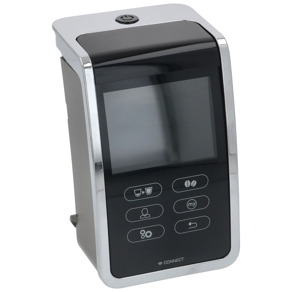Betjeningspanel i sølv og sort med touch-display til kaffemaskine set forfra