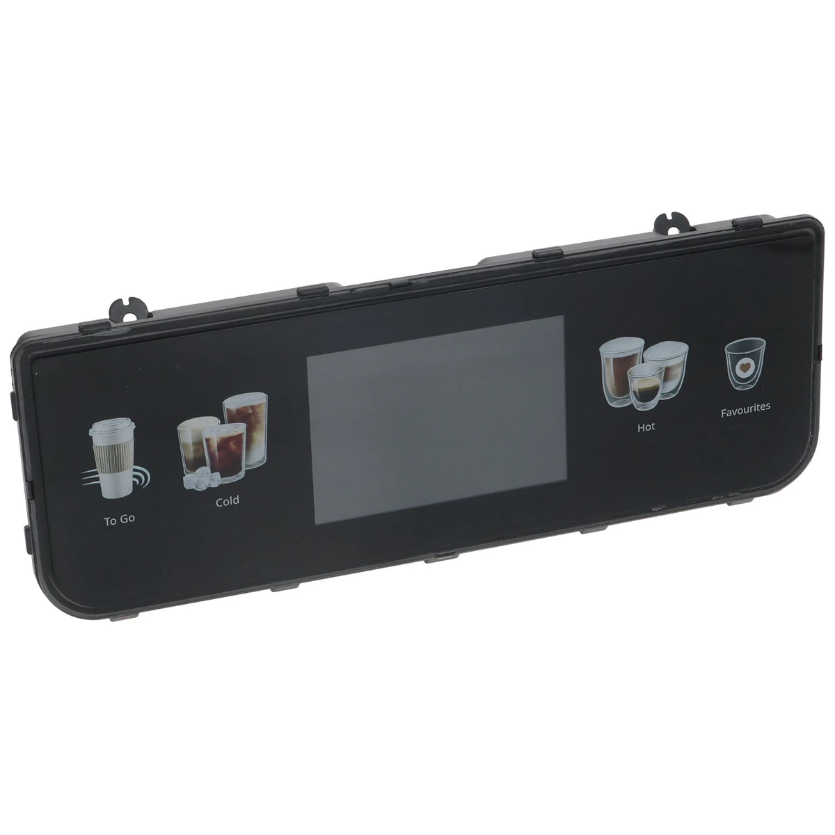 Bredt sort DeLonghi betjeningspanel til ECAM450 med display set forfra
