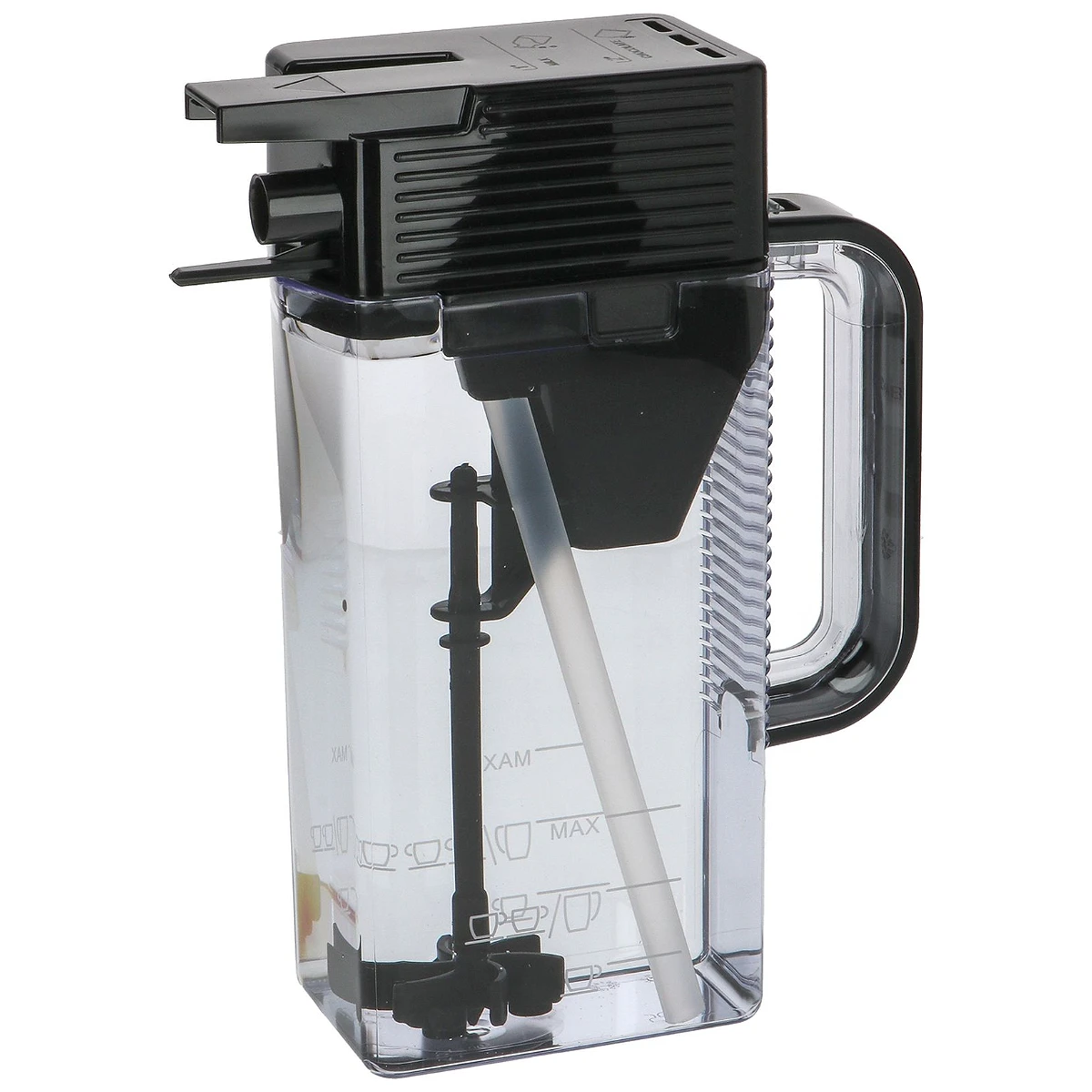 Transparent DeLonghi chokoladekande med sort låg og håndtag set forfra