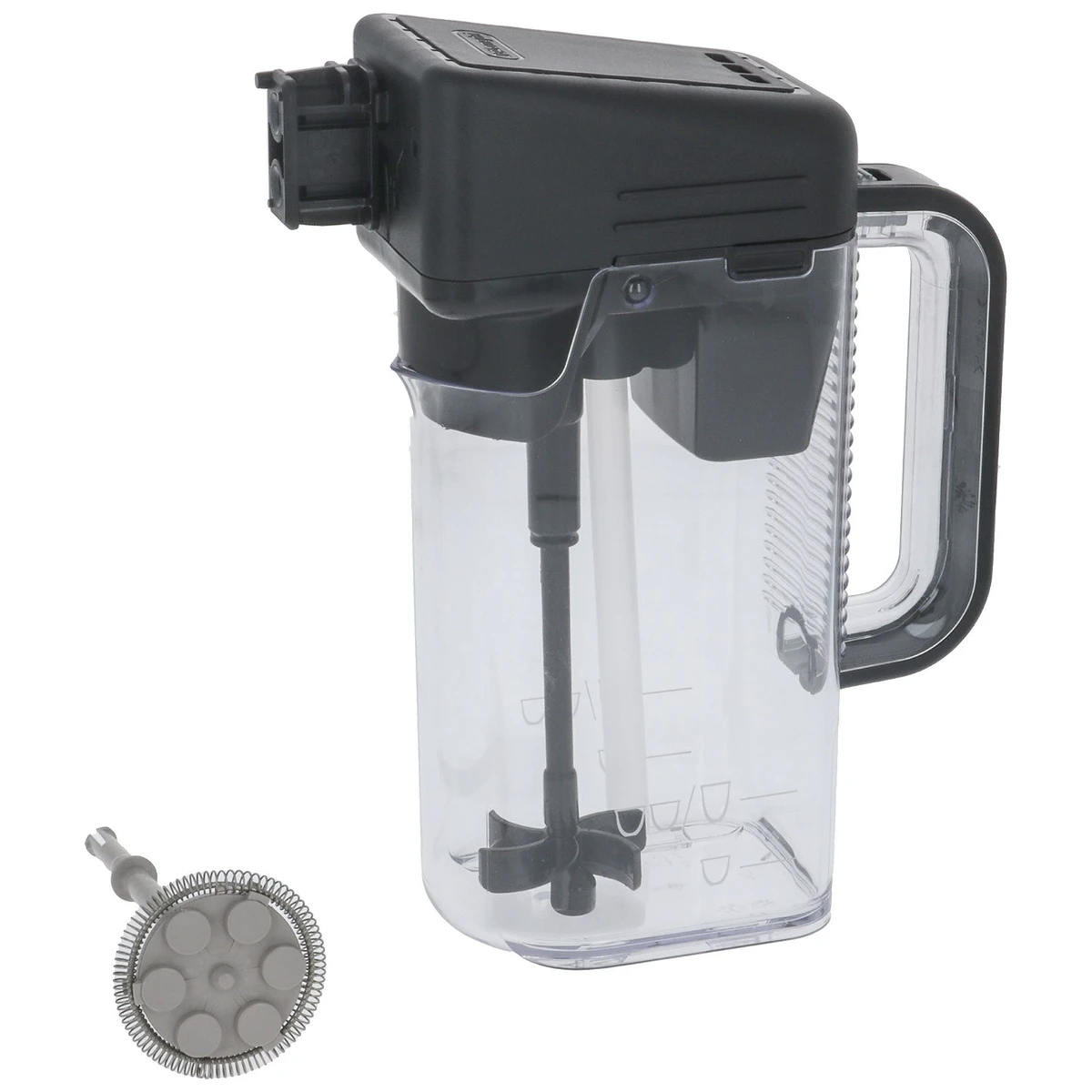 Transparent DeLonghi mixkande til EPAM960 med sort låg og dyse set forfra