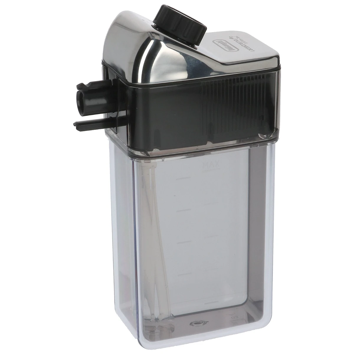 Transparent DeLonghi mælkekande DLSC014 med sølvfarvet låg set forfra