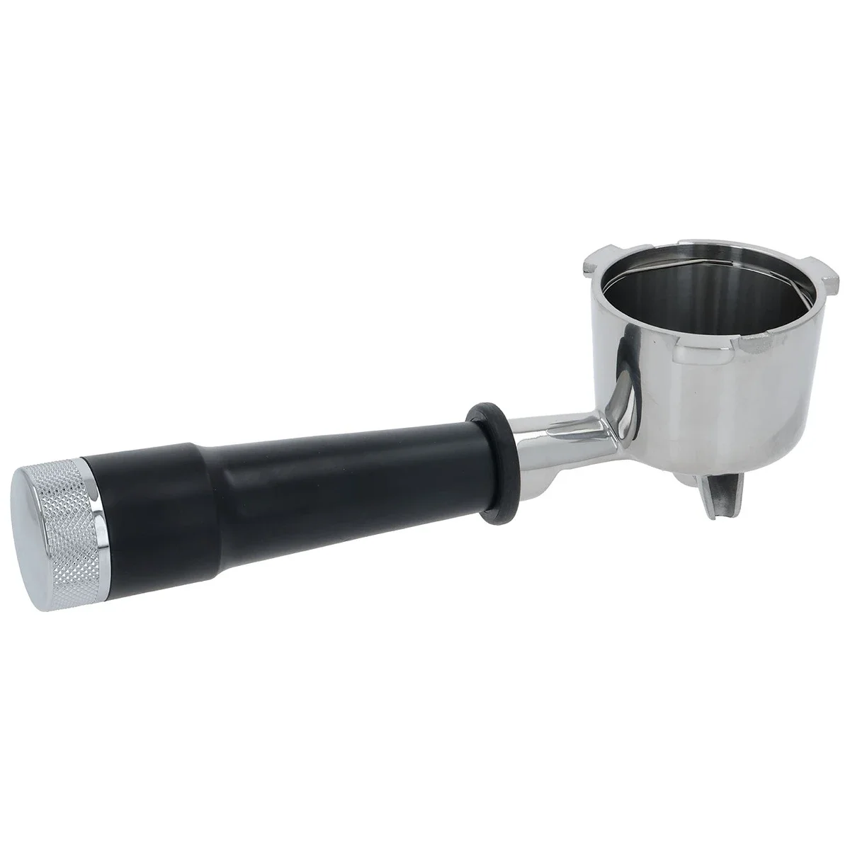 Filterholder til DeLonghi med sort håndtag og rustfri filterkurv set forfra