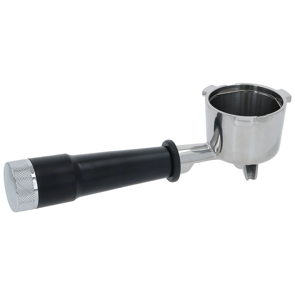 Filterholder til DeLonghi med sort håndtag og rustfri filterkurv set forfra