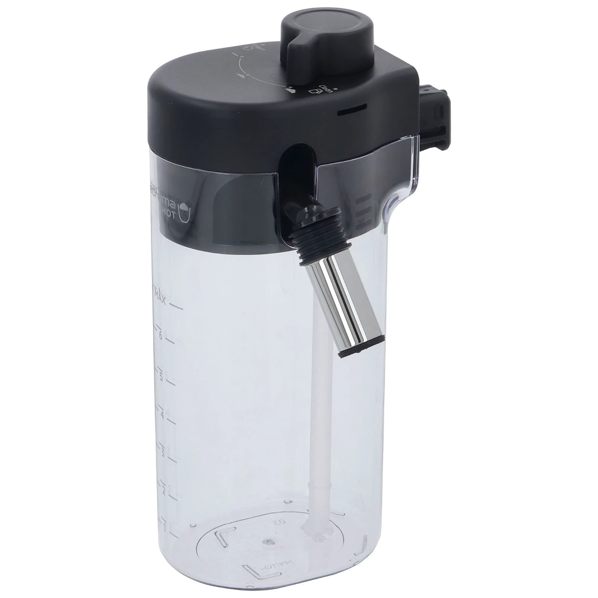 Transparent DeLonghi mælkebeholder med sort låg og skummerrør set forfra