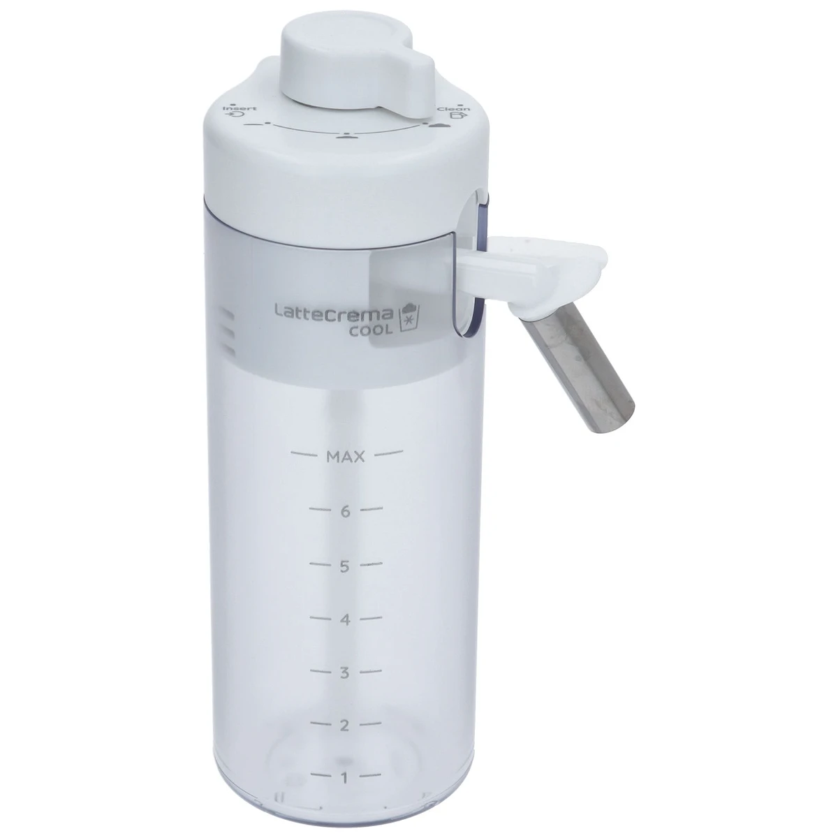 Transparent DeLonghi mælkekande DLSC030 med hvidt låg og skummerrør set forfra