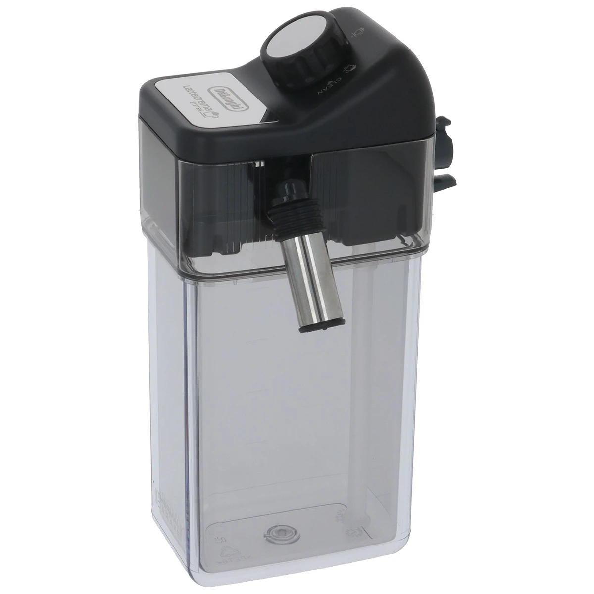 Transparent DeLonghi mælkekande til Dinamica Plus med sort låg set forfra