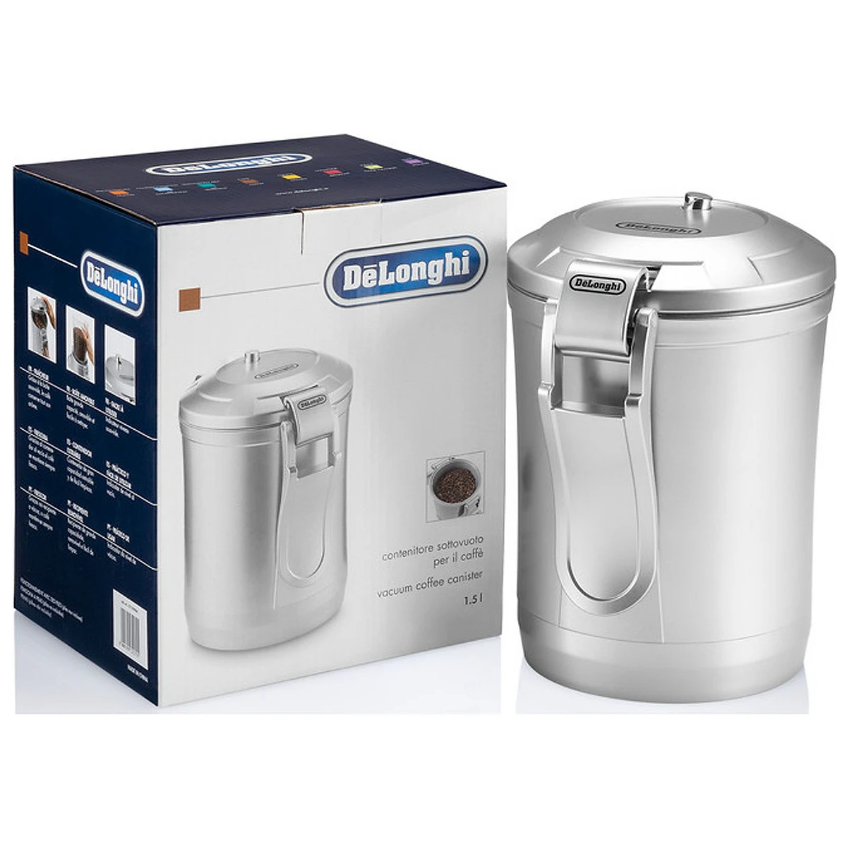 Rustfri DeLonghi vakuum-kaffedåse med emballage set forfra