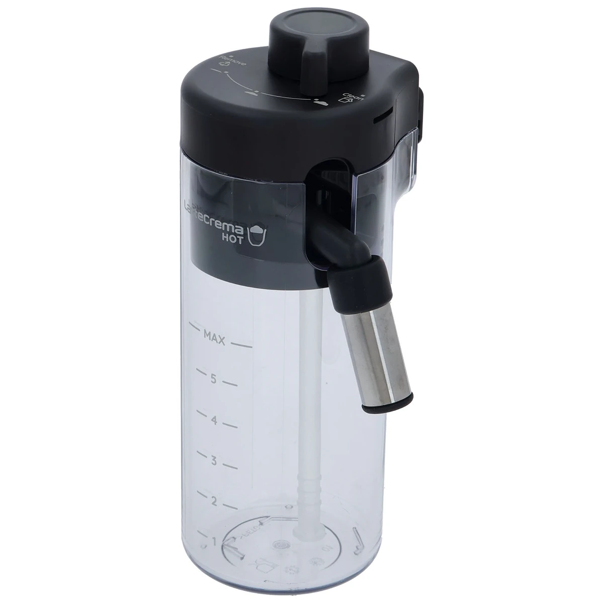 Transparent DeLonghi mælkekande til Magnifica Plus med sort låg set forfra