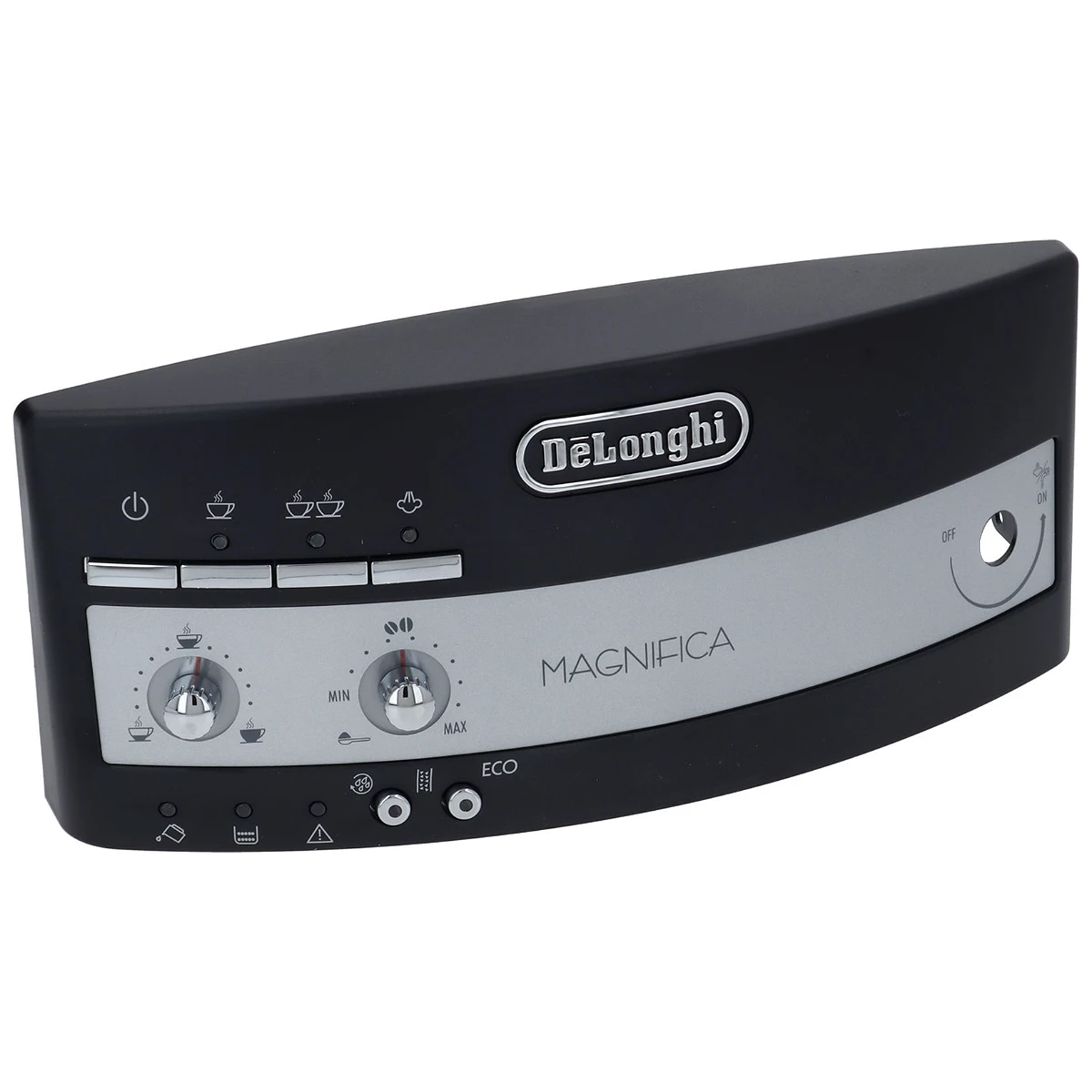 Sort DeLonghi betjeningspanel til Magnifica med drejeknapper set forfra