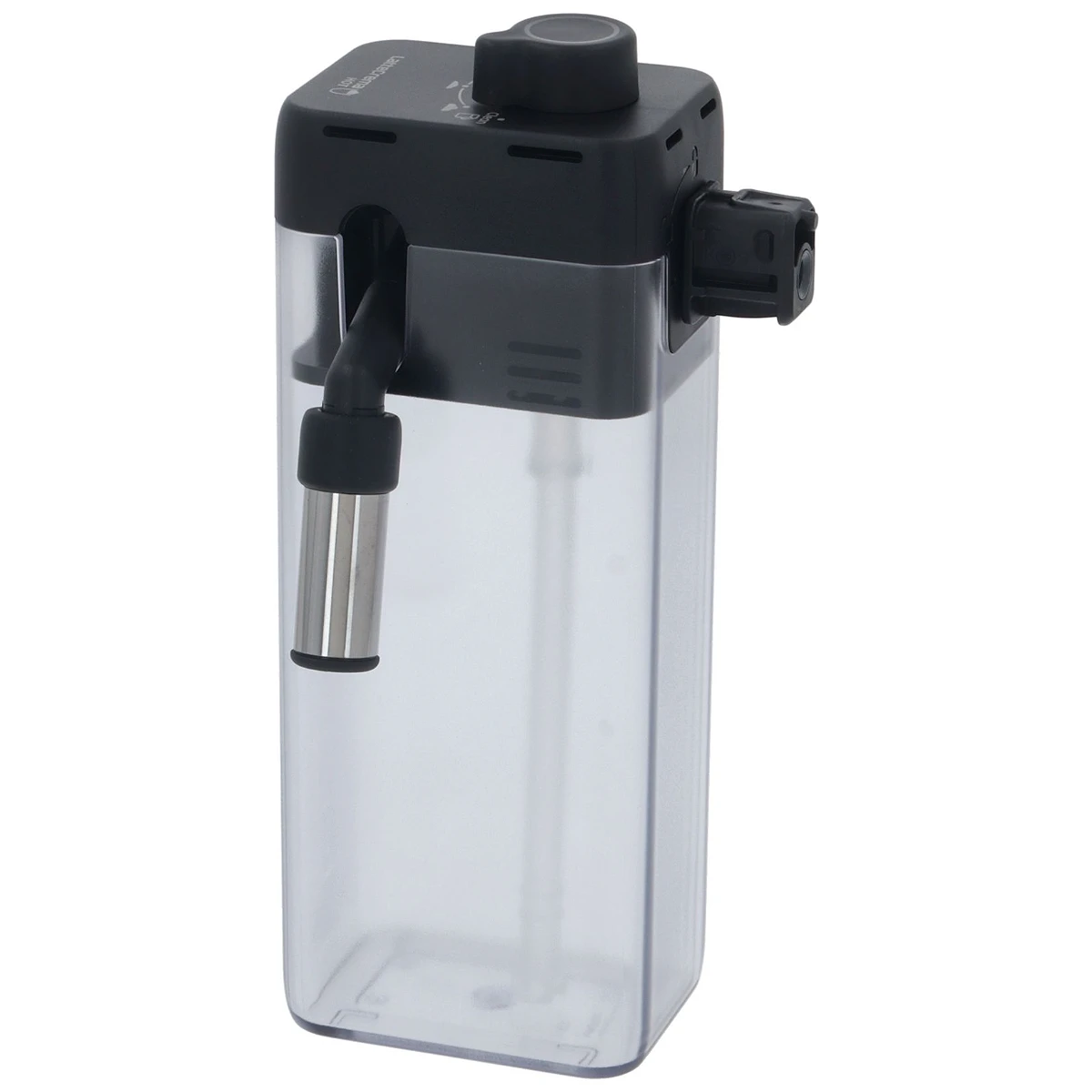 Transparent DeLonghi mælkekande DLSC031 med sort låg set forfra