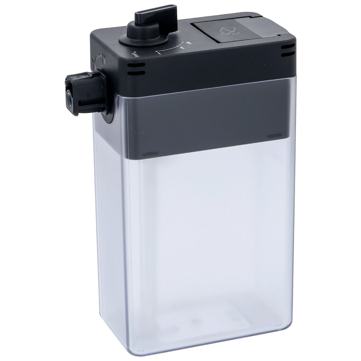 Transparent DeLonghi mælkekande DLSC027 med sort låg set forfra