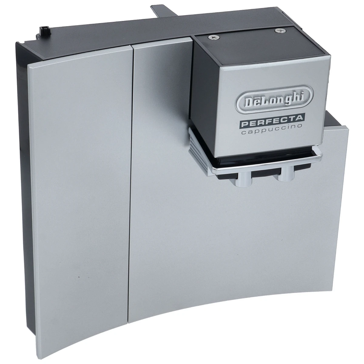 Sølvfarvet låge til DeLonghi Perfecta med logo set forfra