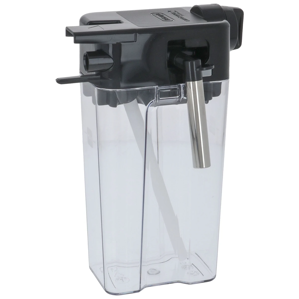Transparent DeLonghi mælkekande DLSC022 med sort låg set forfra