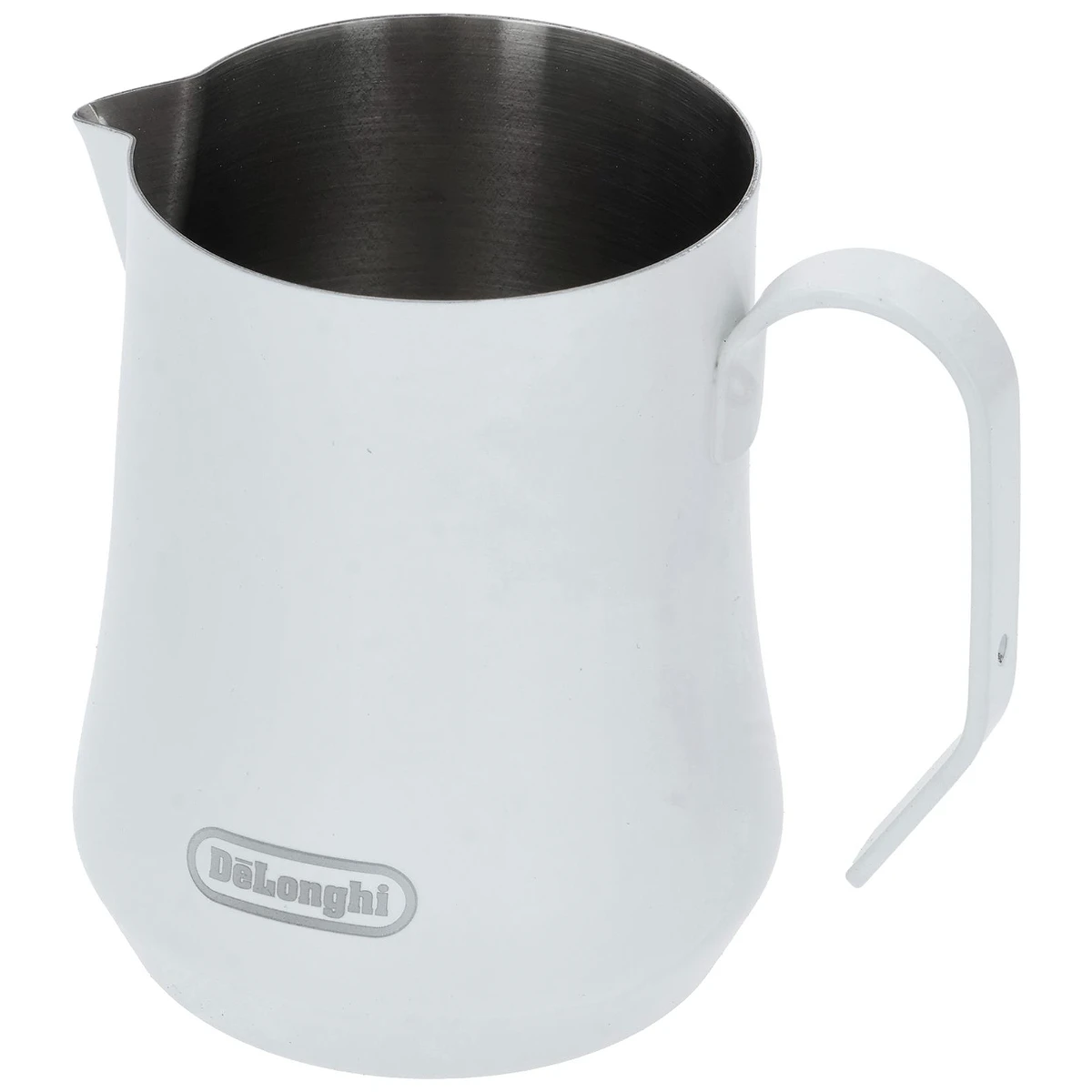 Hvid DeLonghi mælkekande med håndtag og rustfri kant set forfra