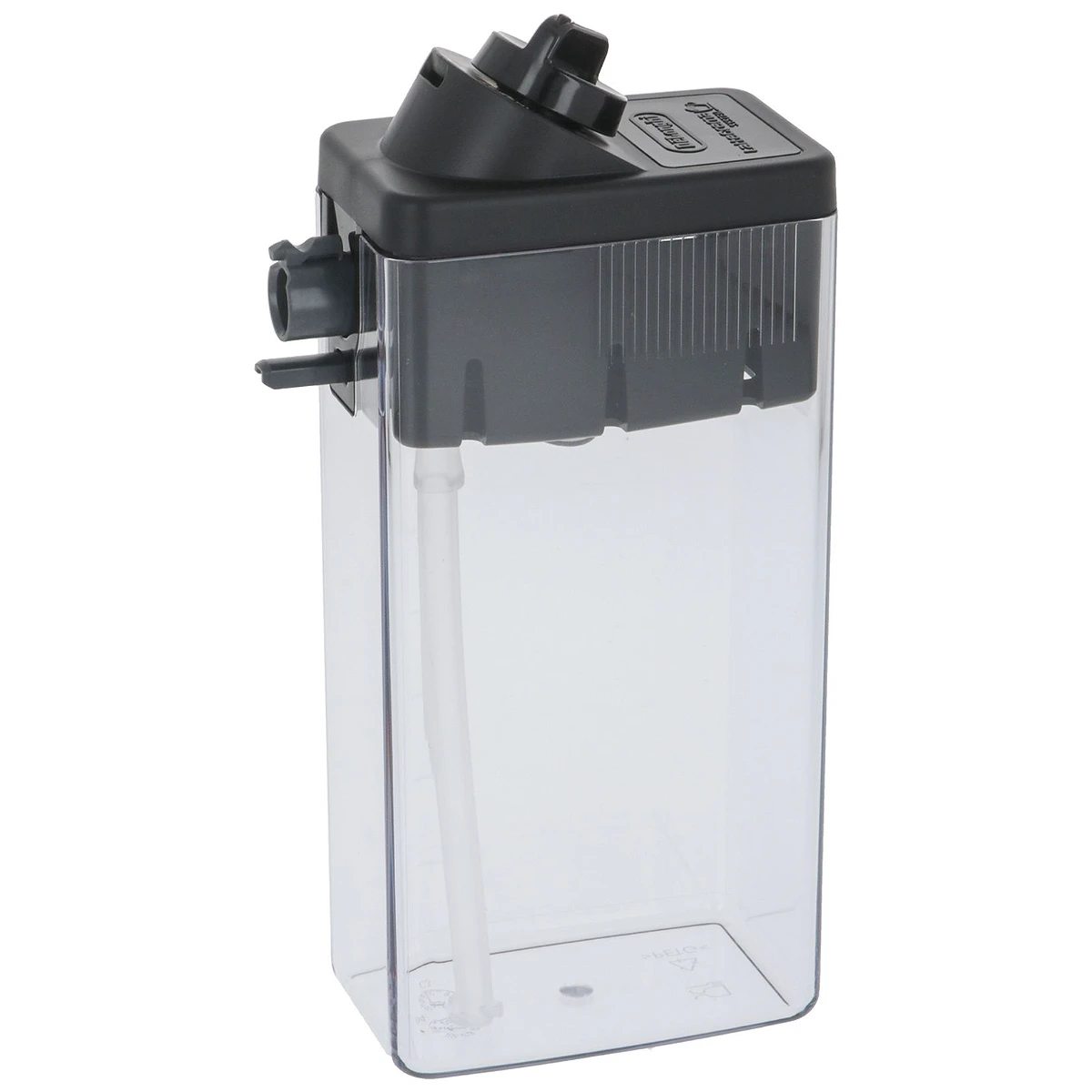 Transparent DeLonghi mælkekande DLSC015 med sort låg set forfra