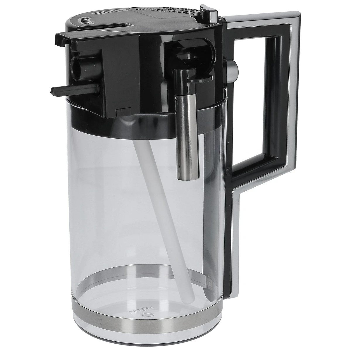 Transparent DeLonghi mælkekande DLSC007 med sort låg og håndtag set forfra