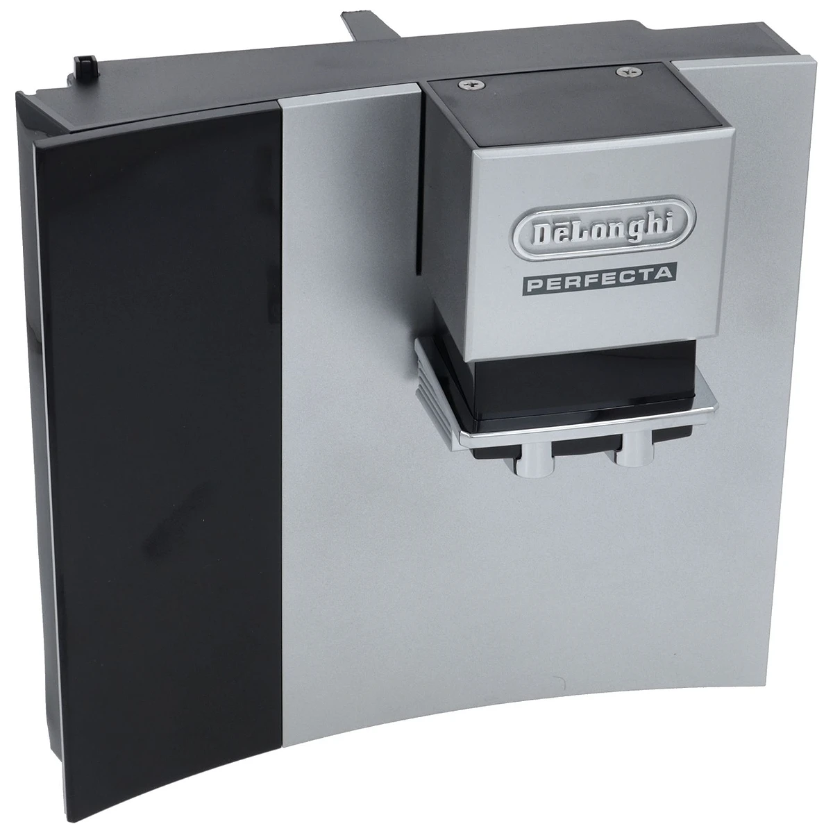 Sort og sølvfarvet DeLonghi frontpanel til Perfecta med logo set forfra