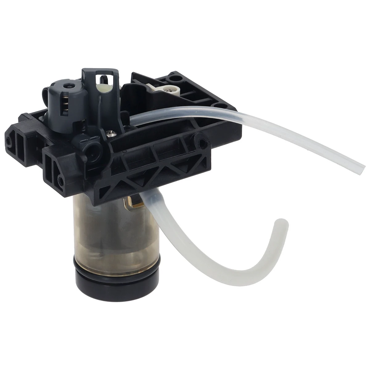DeLonghi mekanoventil med slange på sort holder set forfra